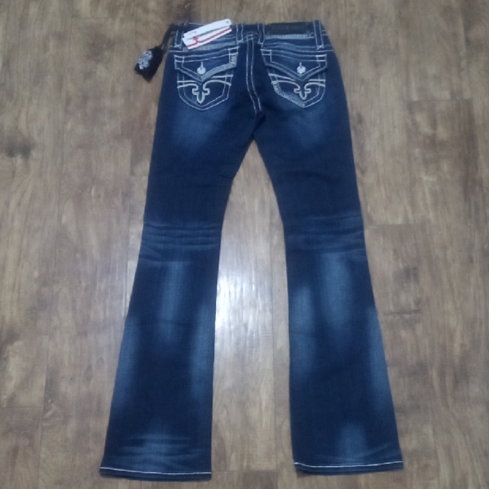 Rock Revival NWT Women's 26 Bootcut Jen Distressed Faux Leather Flap Pockets